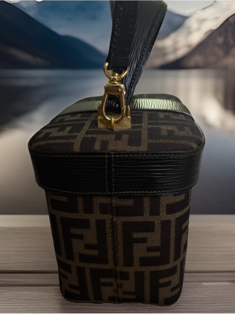 Fendi Zucca Canvas/Leather 2 way Vanity Bag Brown/Black Top Handle COA Dust Bag - Picture 9 of 15
